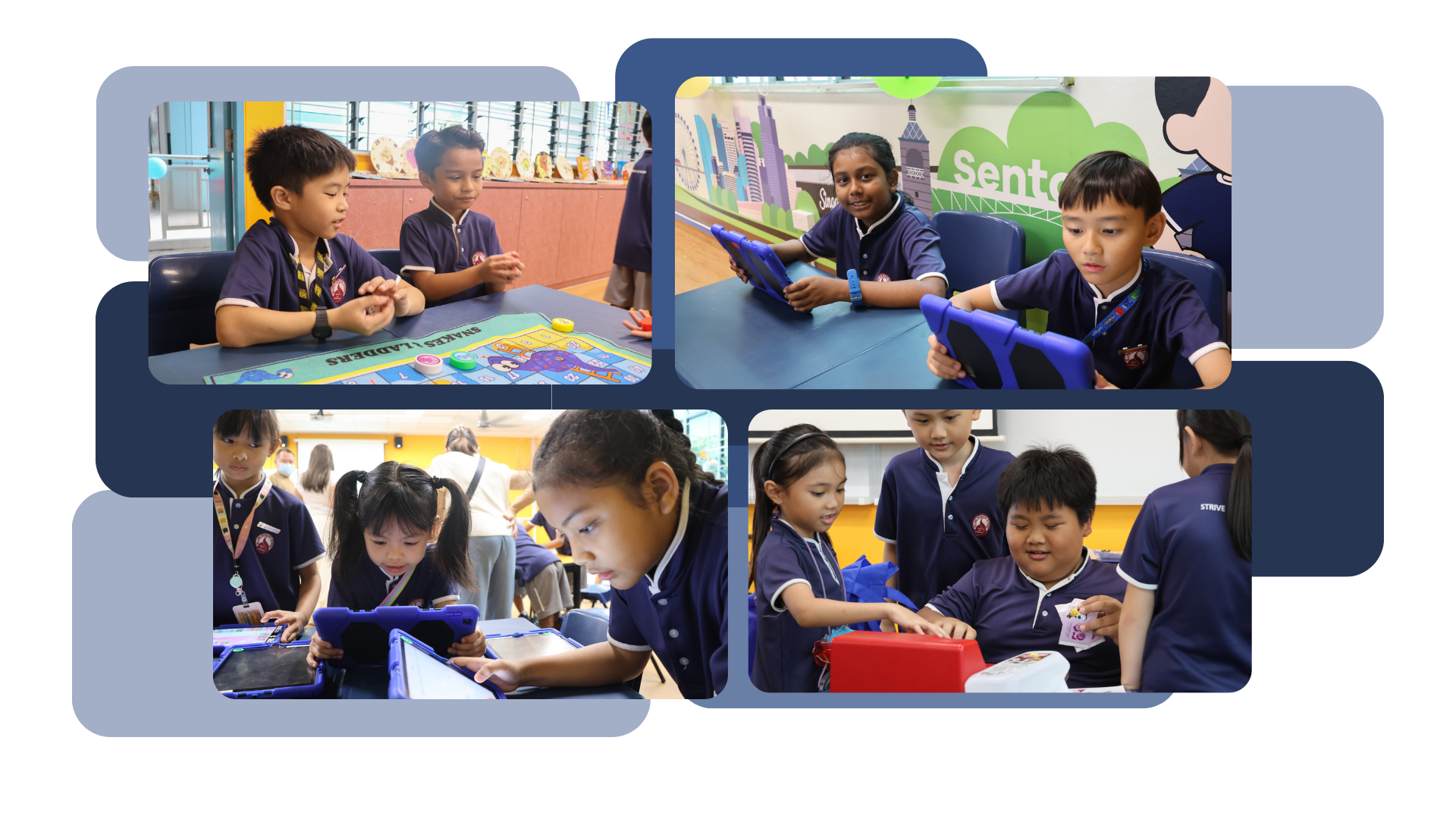 Three photos of young students in navy uniforms doing hands-on math activities with colorful manipulatives and board games.